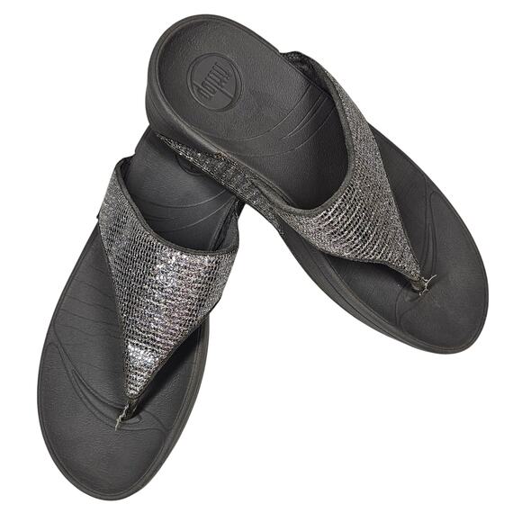 FitFlop Lulu Superglitz Silver Metallic Platform Thong Toe Post Sandals Size 7 - Picture 1 of 9